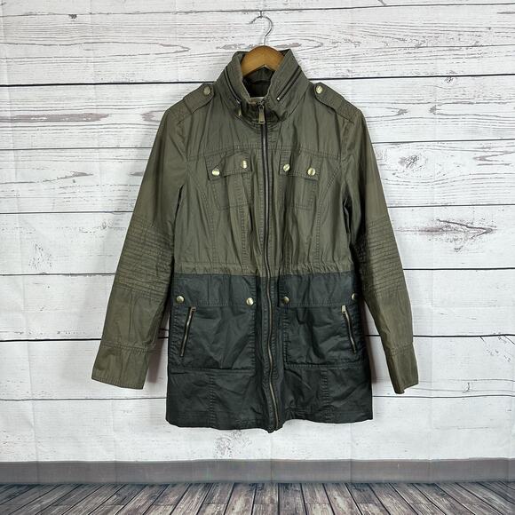 Michael Kors Jacket Womens Small Black Green Waxed Moto Hooded Military Coat - Picture 1 of 14